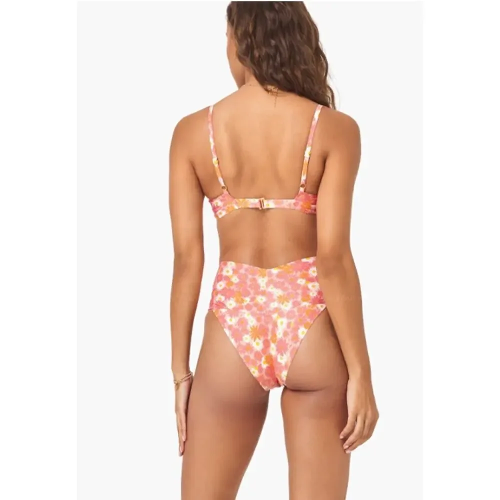 L*Space Fused Ry Bikini Bottoms Size XS Daisy Printed High Waist Pink Orange NEW